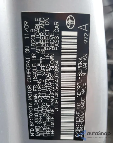 2010 Toyota Yaris z USA, uszkodzony, nr VIN JTDBT4K36A4070854